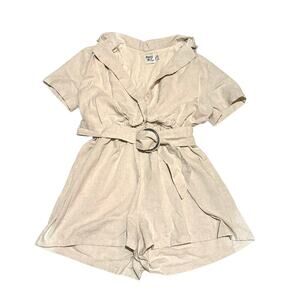 Princess Polly Belted Short Sleeve Cream Linen Look Romper Women's Size 8